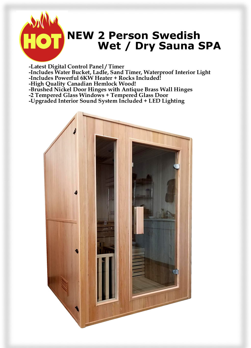 1-2 Person Canadian Hemlock Traditional Wet / Dry Swedish Steam Sauna SPA Indoor 6KW Heater Upgrade 200F Degrees